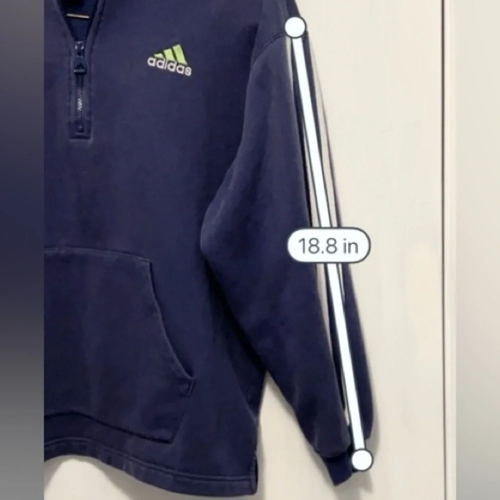 COPY - Vintage Navy Adidas 1/4 zip Hoodie with lime green logo. Split hem. Sz XL